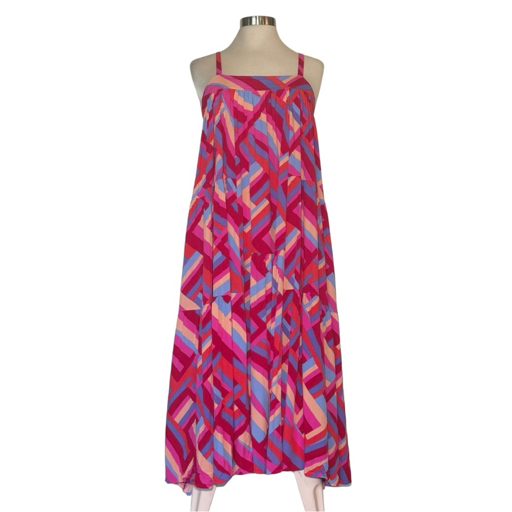Abel the Label Spaghetti Strap Midi Dress Flowy Geometric Print Red Pink S